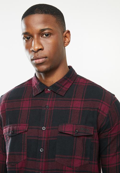 JEEP - Howard long sleeve flannel yd check shirt - burgundy & black 