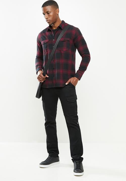 JEEP - Howard long sleeve flannel yd check shirt - burgundy & black 