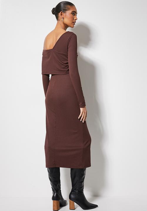 VELVET - Asymmetric rib midi dress - chocolate