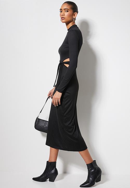 VELVET - Cut out turtle neck midi column dress - black