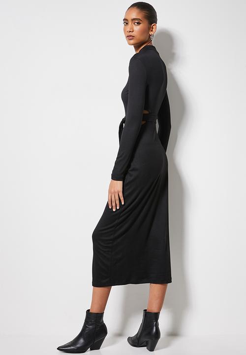 VELVET - Cut out turtle neck midi column dress - black