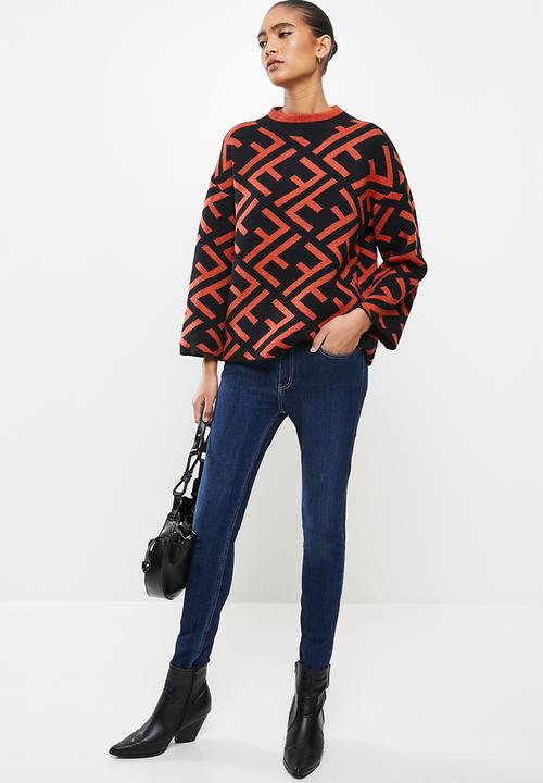 Revenge - Geo print wide sleeve pullover jumper - burnt orange & black 