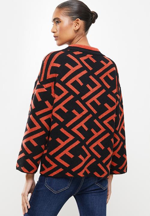 Revenge - Geo print wide sleeve pullover jumper - burnt orange & black 
