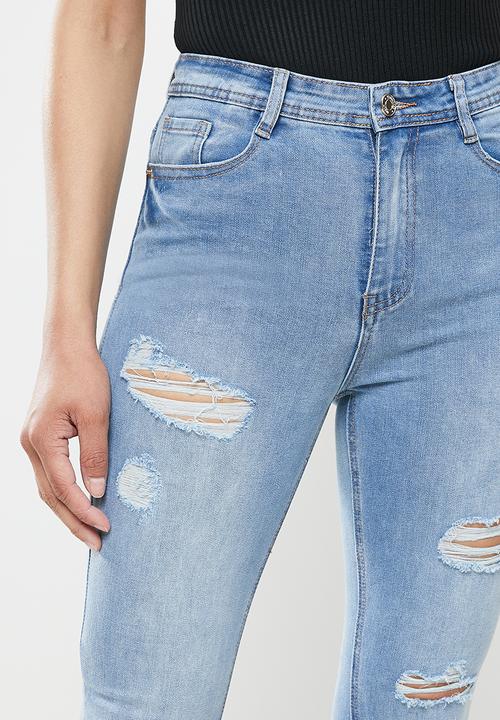 Missguided - Highwaisted authentic rip skinny wash - blue