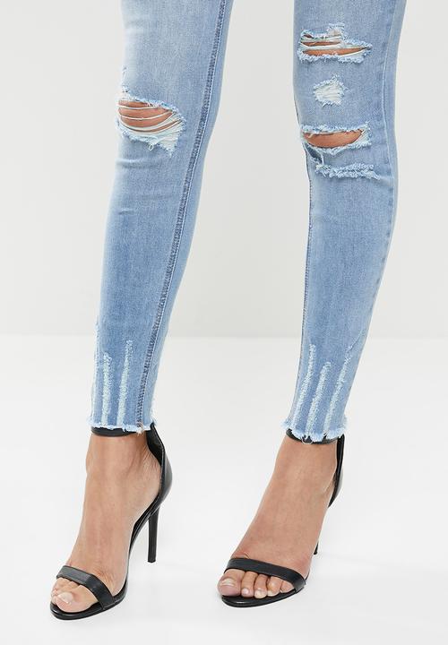 Missguided - Highwaisted authentic rip skinny wash - blue