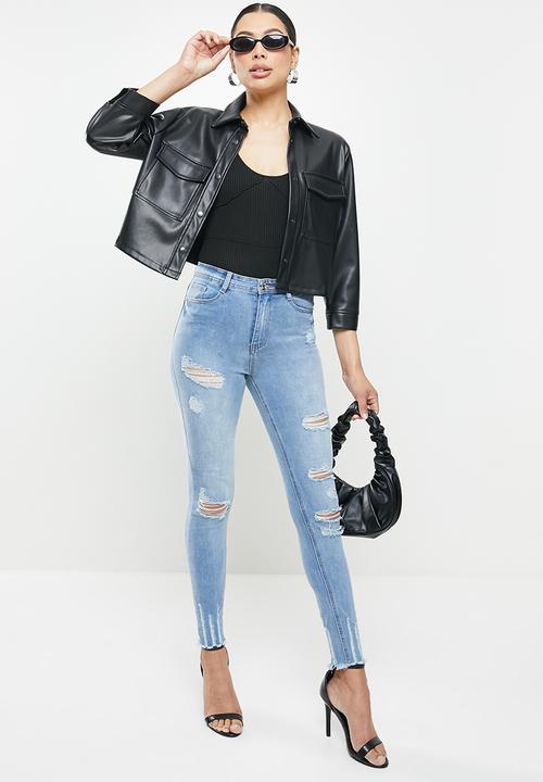 Missguided - Highwaisted authentic rip skinny wash - blue