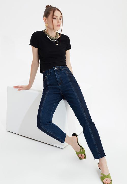 Trendyol - Block wash detailed high waist mom jeans - dark blue
