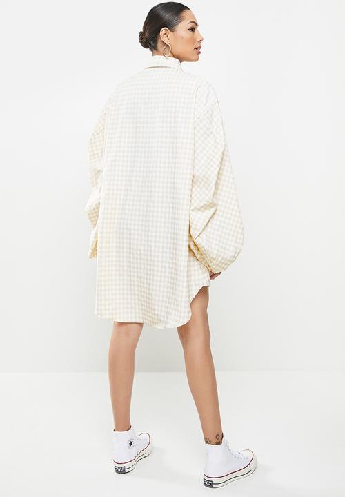 Missguided - Puffball sleeve oversized shirt dress check - stone