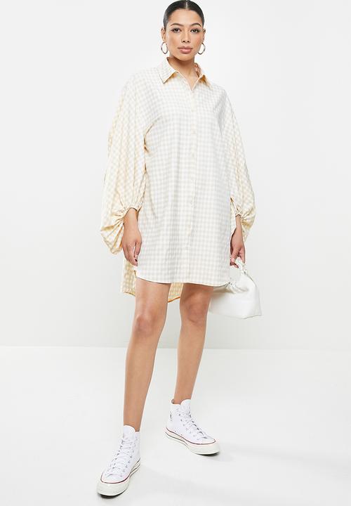 Missguided - Puffball sleeve oversized shirt dress check - stone