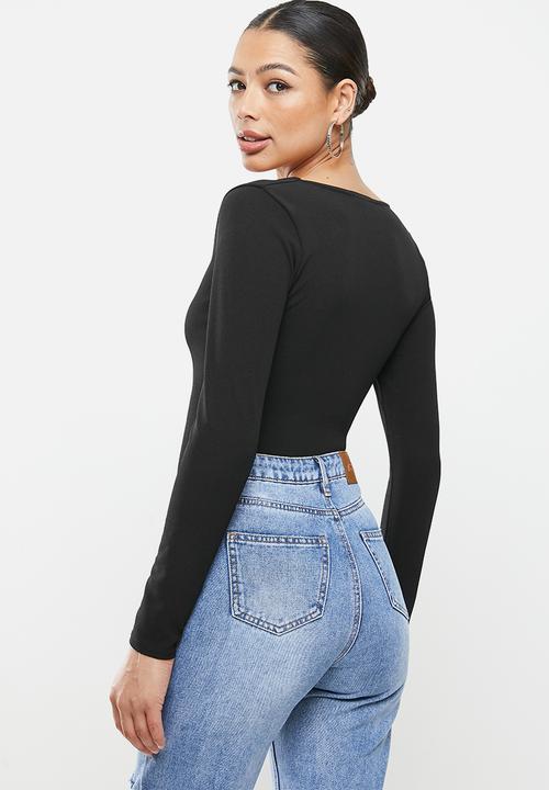 Missguided - Crepe sweetheart neck longsleeve bodysuit - black
