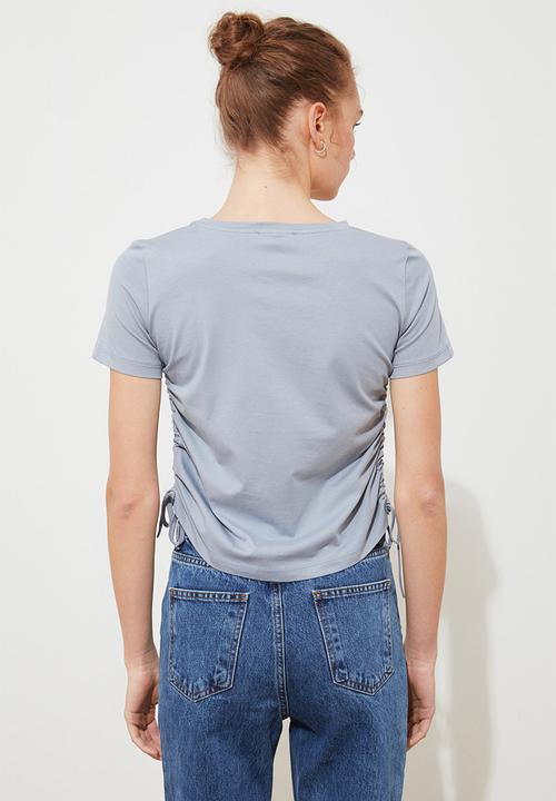 Trendyol - Gri shirred basic knitted T-shirt - grey