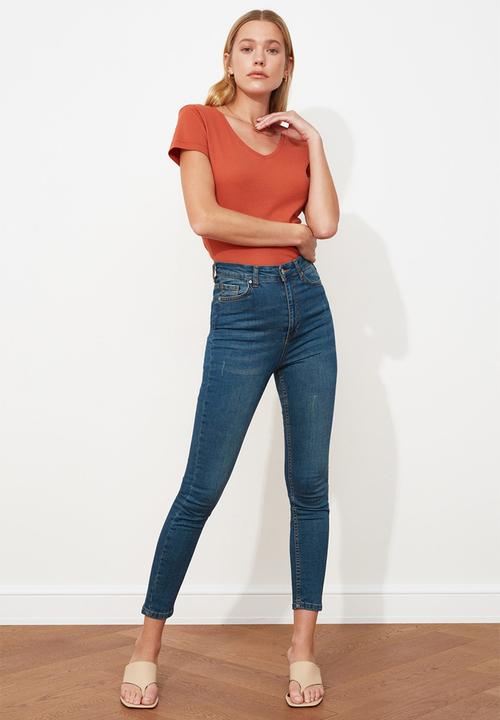 Trendyol - Fray high waist skinny jeans - blue