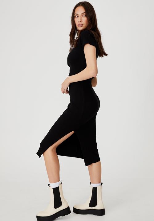 Cotton On - Essential split short sleeve midi dress - black