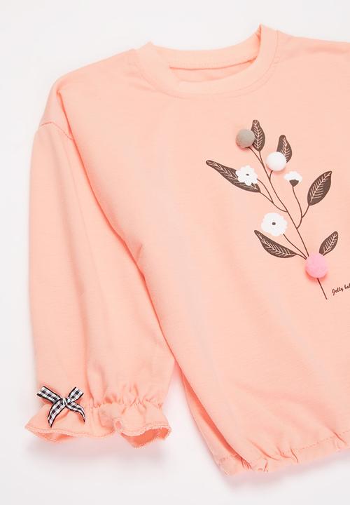 Pop Candy - Girls top & jogger set with pompoms - pink & grey