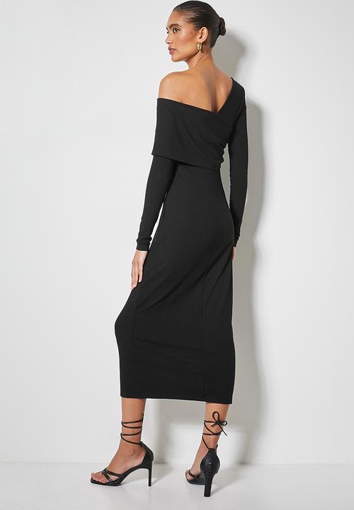VELVET - Asymmetric rib knit midi dress - black
