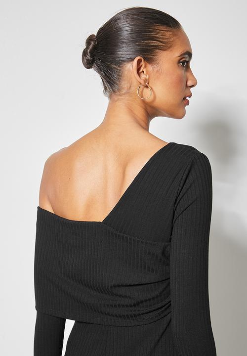 VELVET - Asymmetric rib knit midi dress - black