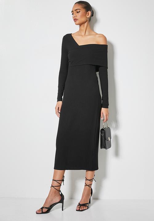 VELVET - Asymmetric rib knit midi dress - black