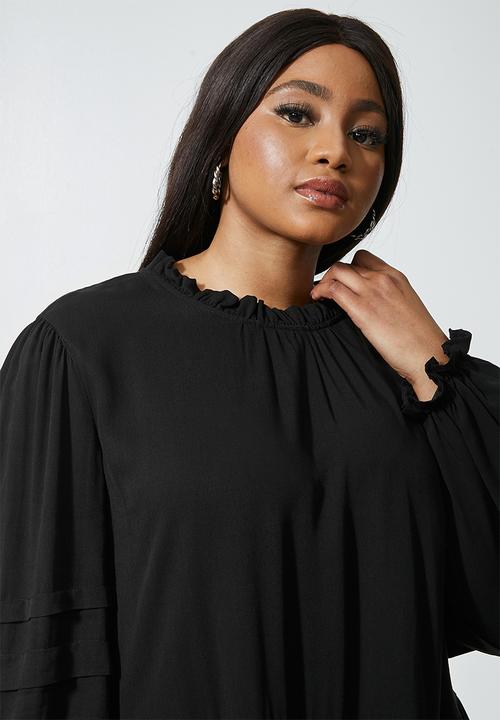 VELVET - Peached pintuck babydoll dress with pie crust neckline - black