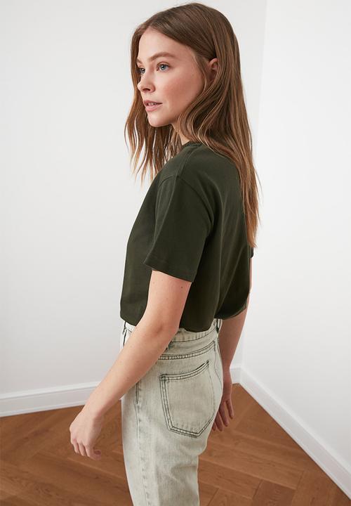 Trendyol - Stand collar basic knitted T-shirt - khaki