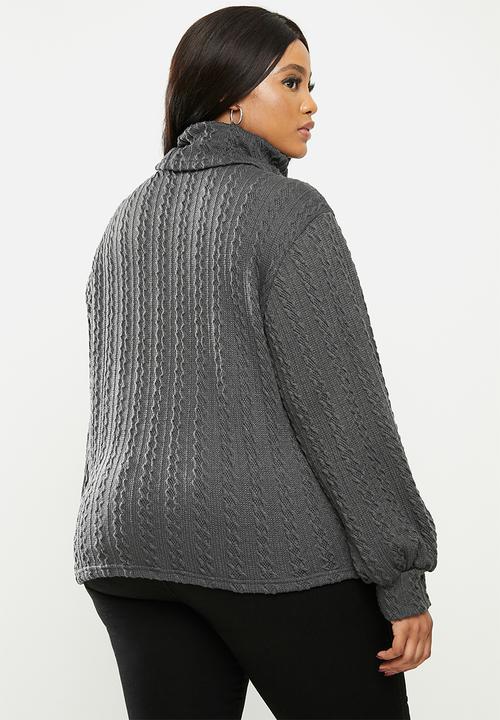 Me&B - Plus cowl neck cable knit top with bell sleeve - grey