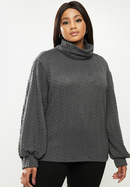 Me&B - Plus cowl neck cable knit top with bell sleeve - grey