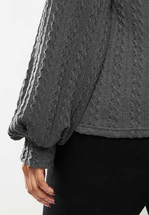 Me&B - Plus cowl neck cable knit top with bell sleeve - grey