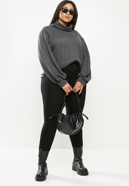 Me&B - Plus cowl neck cable knit top with bell sleeve - grey