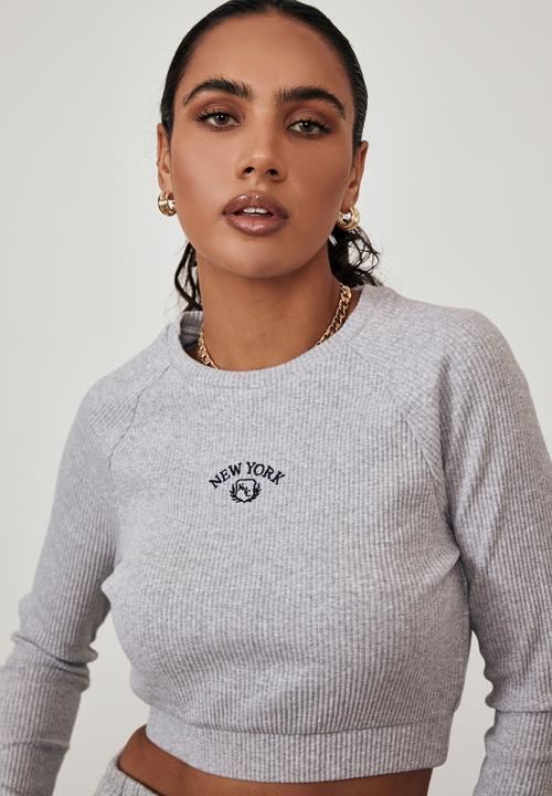 Factorie - Long sleeve raglan embroidered rib top - grey