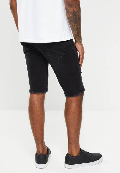 GUESS - Faded black wash slim denim short with destroy - black