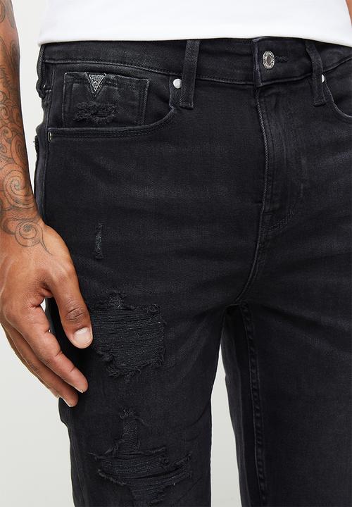 GUESS - Faded black wash slim denim short with destroy - black