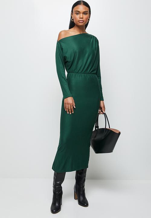 MILLA - Brushed knit slashed neck dolman bodycon dress - sea moss