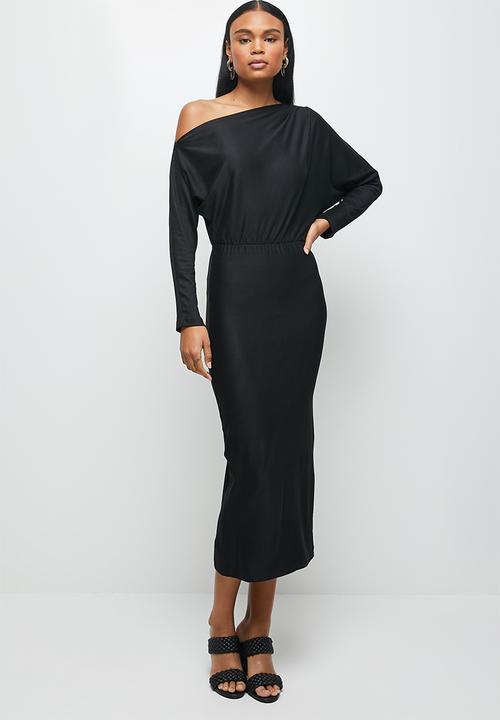 MILLA - Brushed knit slashed neck dolman bodycon dress - black