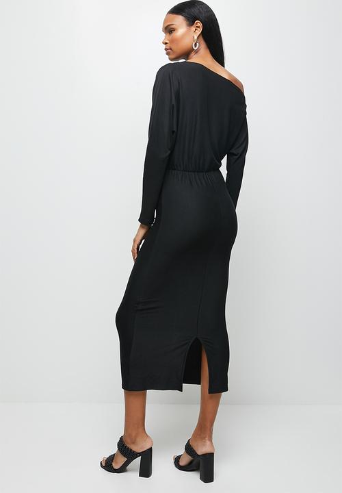 MILLA - Brushed knit slashed neck dolman bodycon dress - black