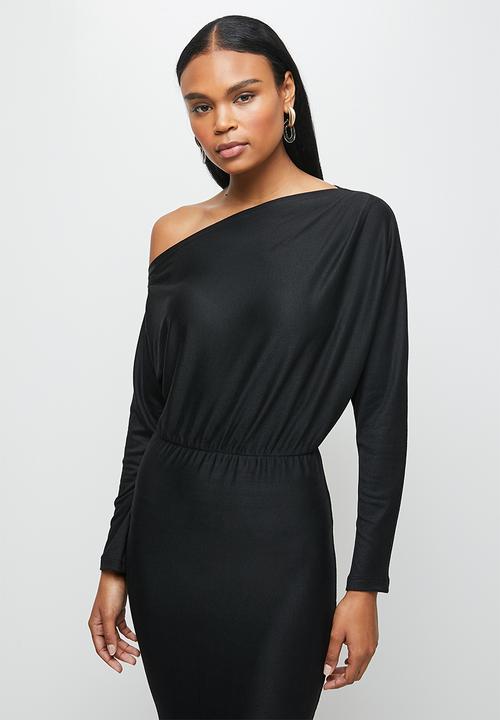 MILLA - Brushed knit slashed neck dolman bodycon dress - black