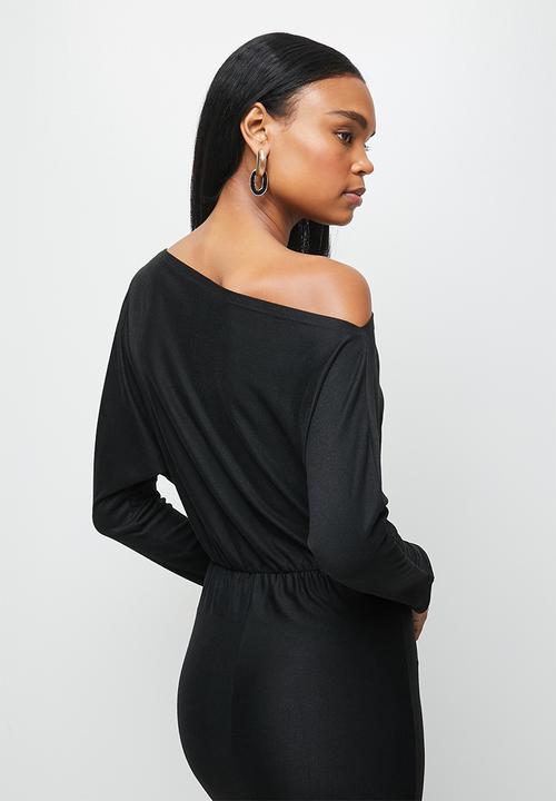 MILLA - Brushed knit slashed neck dolman bodycon dress - black