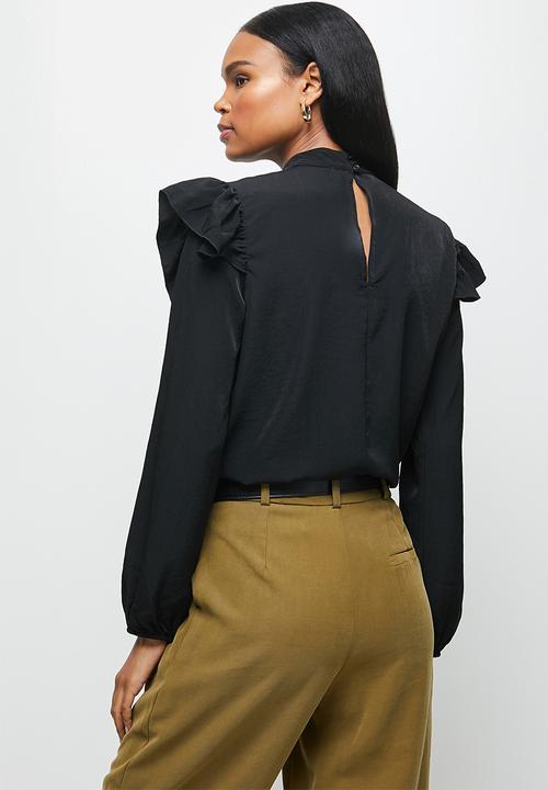 MILLA - Peached woven ruffle trim turtleneck blouse-black