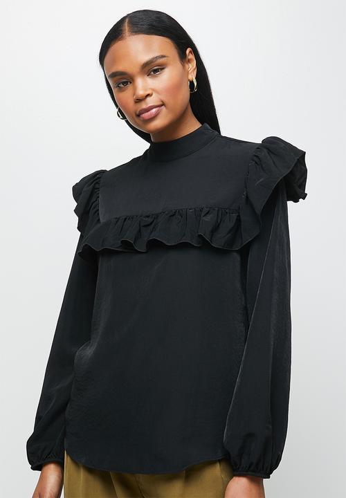 MILLA - Peached woven ruffle trim turtleneck blouse-black