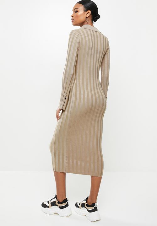 Missguided - Rib v-neck collared midaxi dress - stone