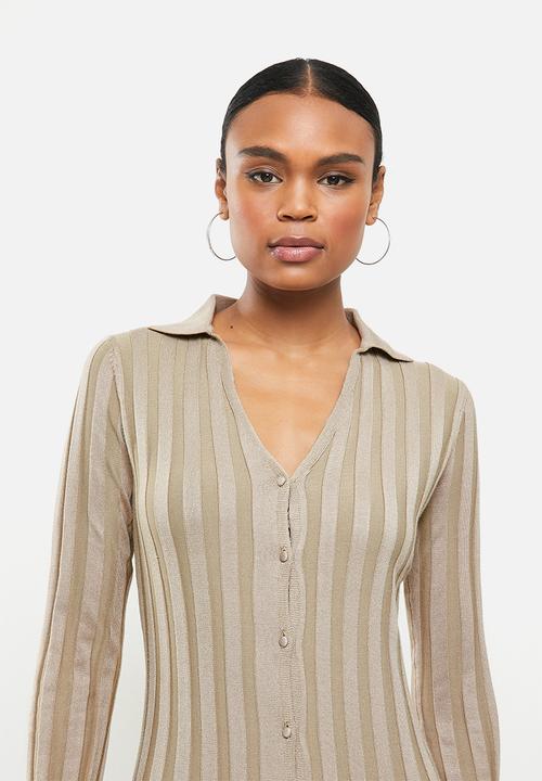 Missguided - Rib v-neck collared midaxi dress - stone