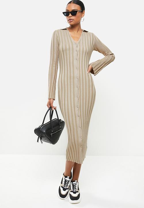 Missguided - Rib v-neck collared midaxi dress - stone