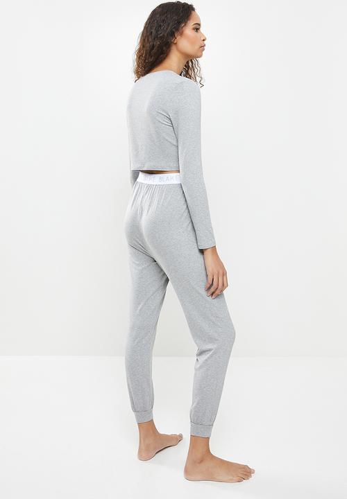 Blake - Branded elastic long crop tee & pant sleep set - grey