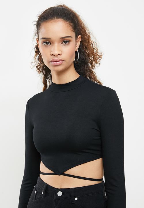 Blake - Hem tie detail crew neck crop top - black