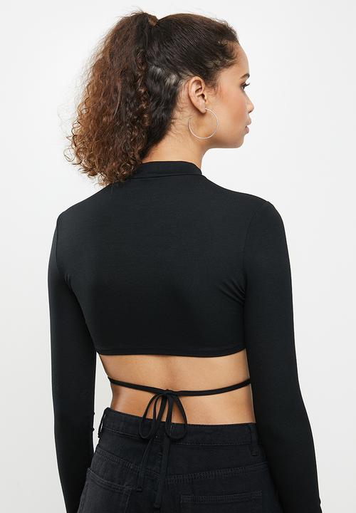 Blake - Hem tie detail crew neck crop top - black