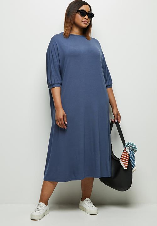 edit Plus - Conscious elbow sleeve swing dress - blue