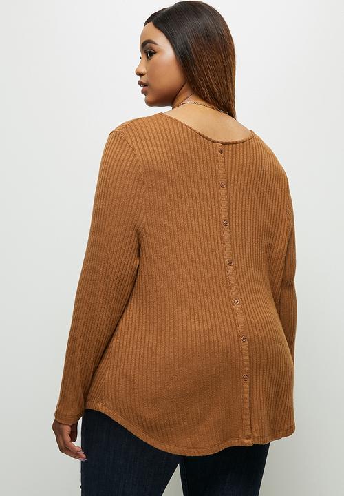 edit Plus - Long sleeve crew neck longline tee - tobacco