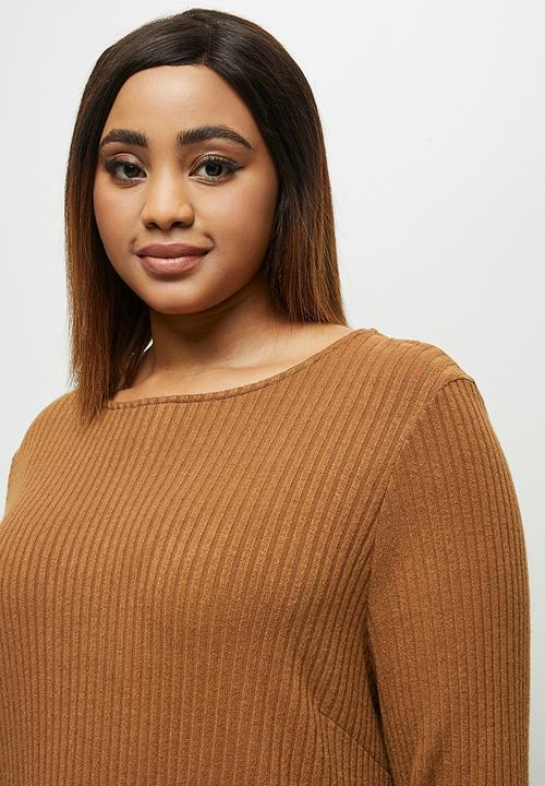 edit Plus - Long sleeve crew neck longline tee - tobacco