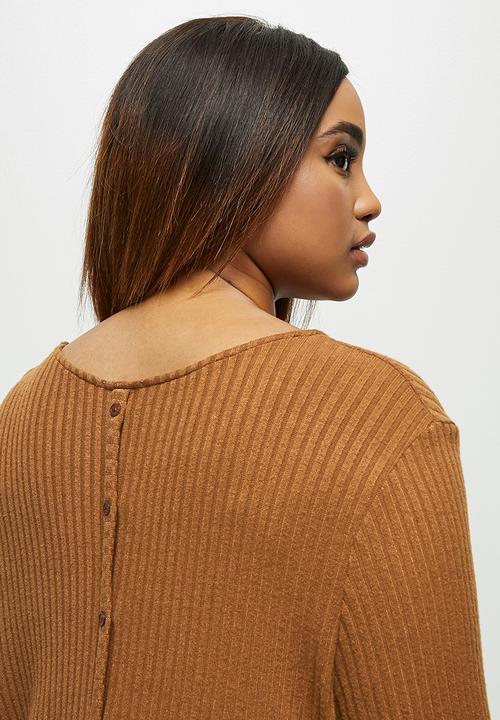 edit Plus - Long sleeve crew neck longline tee - tobacco