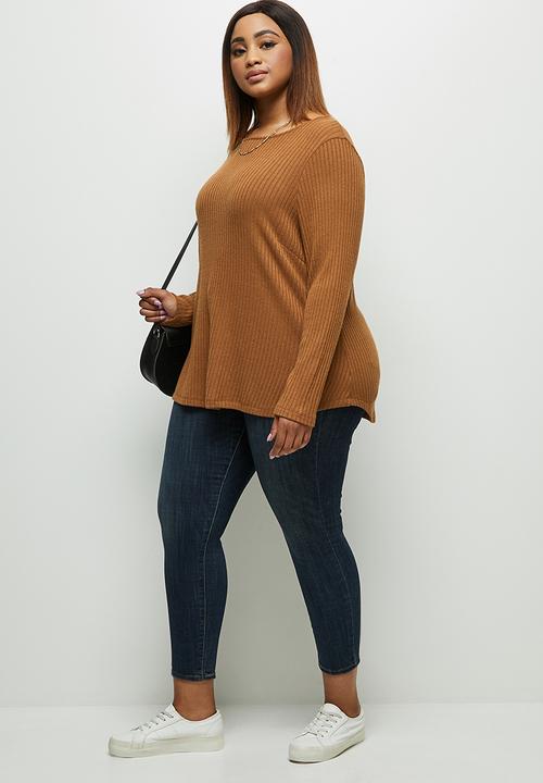 edit Plus - Long sleeve crew neck longline tee - tobacco