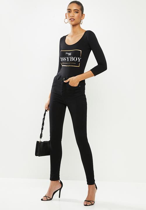 SISSY BOY - No. 86 lover: basic round neck top with 3/4 quarter sleeves with mixed prints logo - black