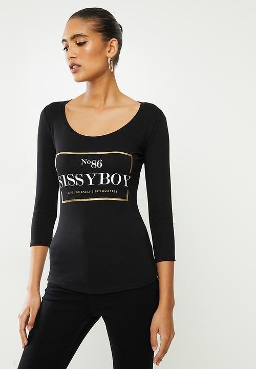 SISSY BOY - No. 86 lover: basic round neck top with 3/4 quarter sleeves with mixed prints logo - black